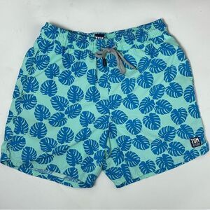 TOM&TEDDY Men’s Leaf Print turquoise and navy swim trunks sz S 5in seam